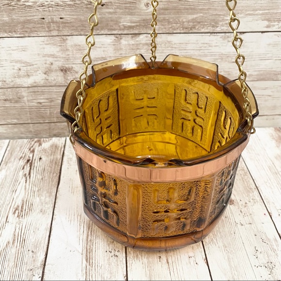 Vintage 70’s Princess House Amber Etched Glass Hanging Planter Plant Holder - Picture 8 of 13
